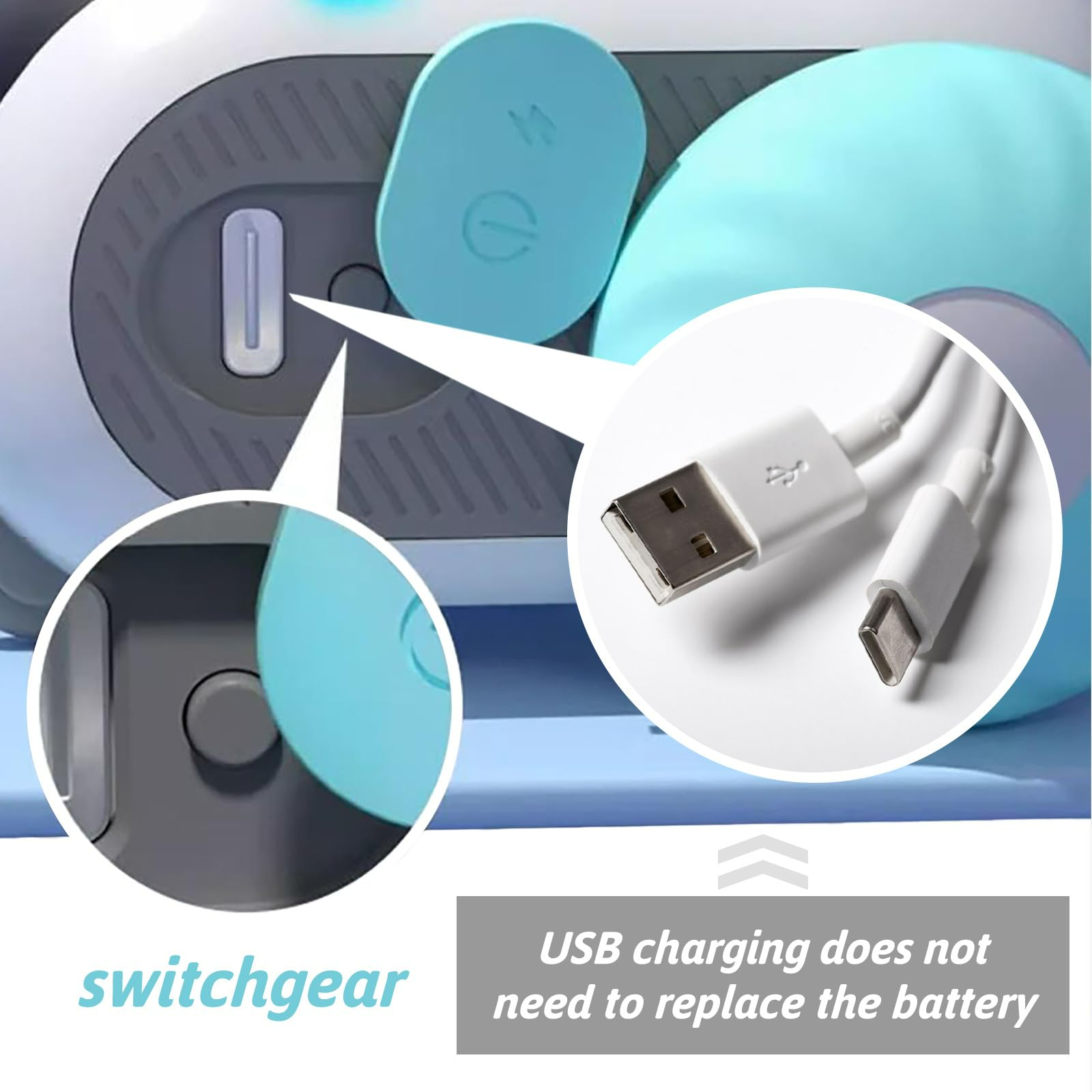USB charging cable and switchgear device with close-up details on a blue background.